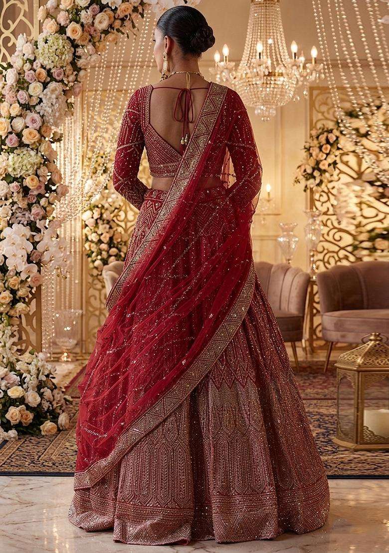 Crimson  Embroidered Bridal Lehenga Set - Indya