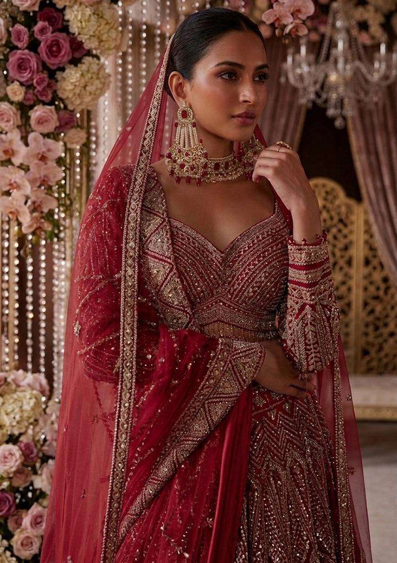 Crimson  Embroidered Bridal Lehenga Set - Indya