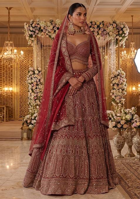 Crimson Embroidered Bridal Lehenga Set — view on Indya