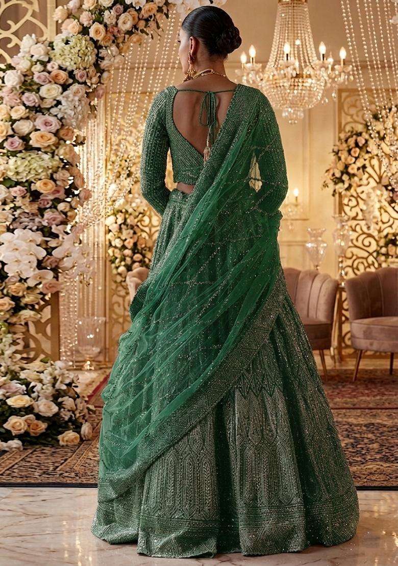 Emerald Green Embroidered Bridal Lehenga Set - Indya