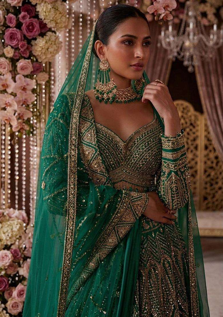 Emerald Green Embroidered Bridal Lehenga Set - Indya