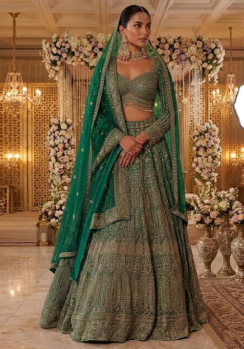 Emerald Green Embroidered Bridal Lehenga Set — view on Indya