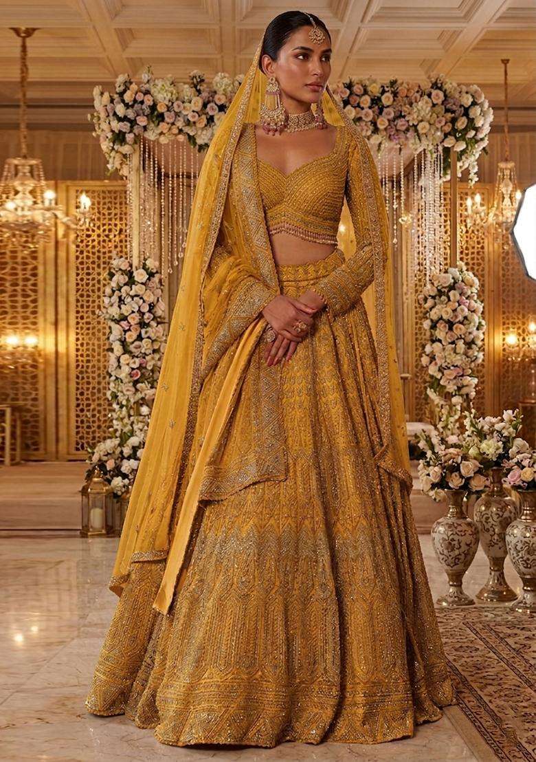 Mustard Yellow  Embroidered Bridal Lehenga Set - Indya