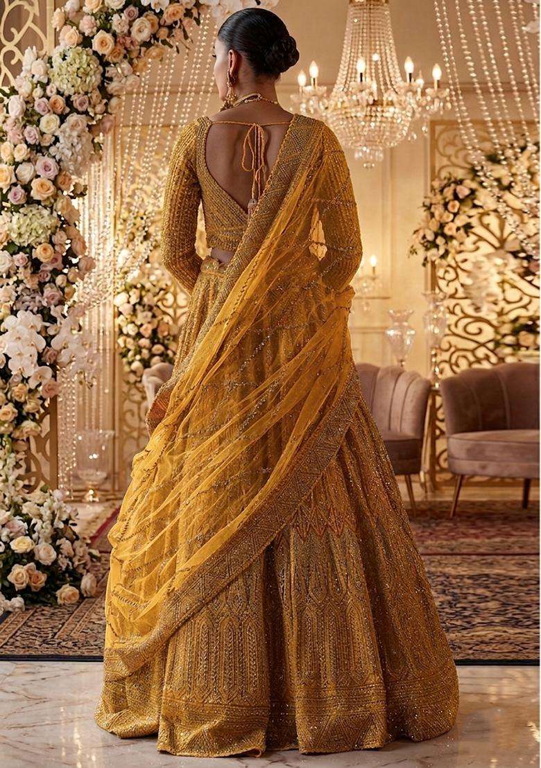 Mustard Yellow  Embroidered Bridal Lehenga Set - Indya