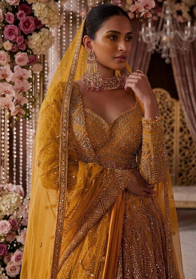 Mustard Yellow  Embroidered Bridal Lehenga Set - Indya