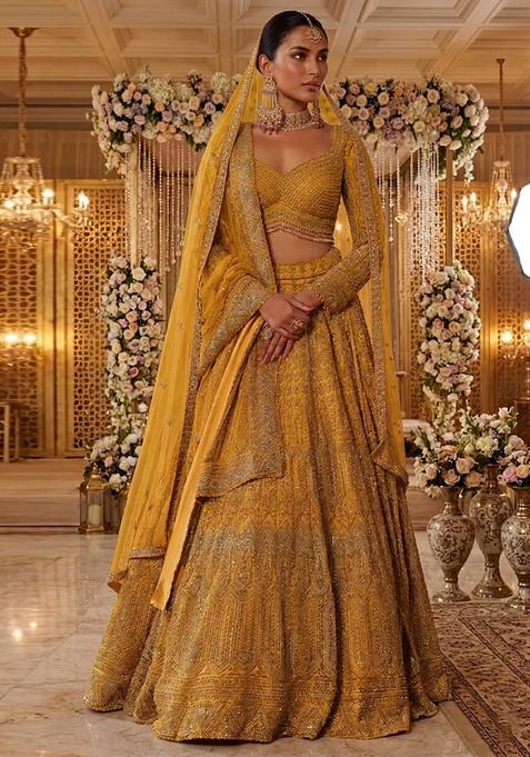 Mustard Yellow Embroidered Bridal Lehenga Set — view on Indya