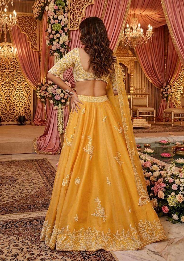 Mustard Yellow Embroidered Bridal Lehenga Set - Indya