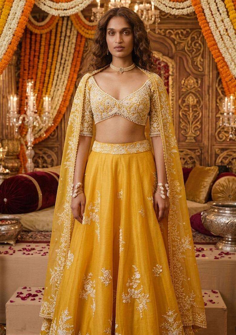 Mustard Yellow Embroidered Bridal Lehenga Set - Indya