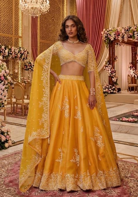 Mustard Yellow Embroidered Bridal Lehenga Set — view on Indya