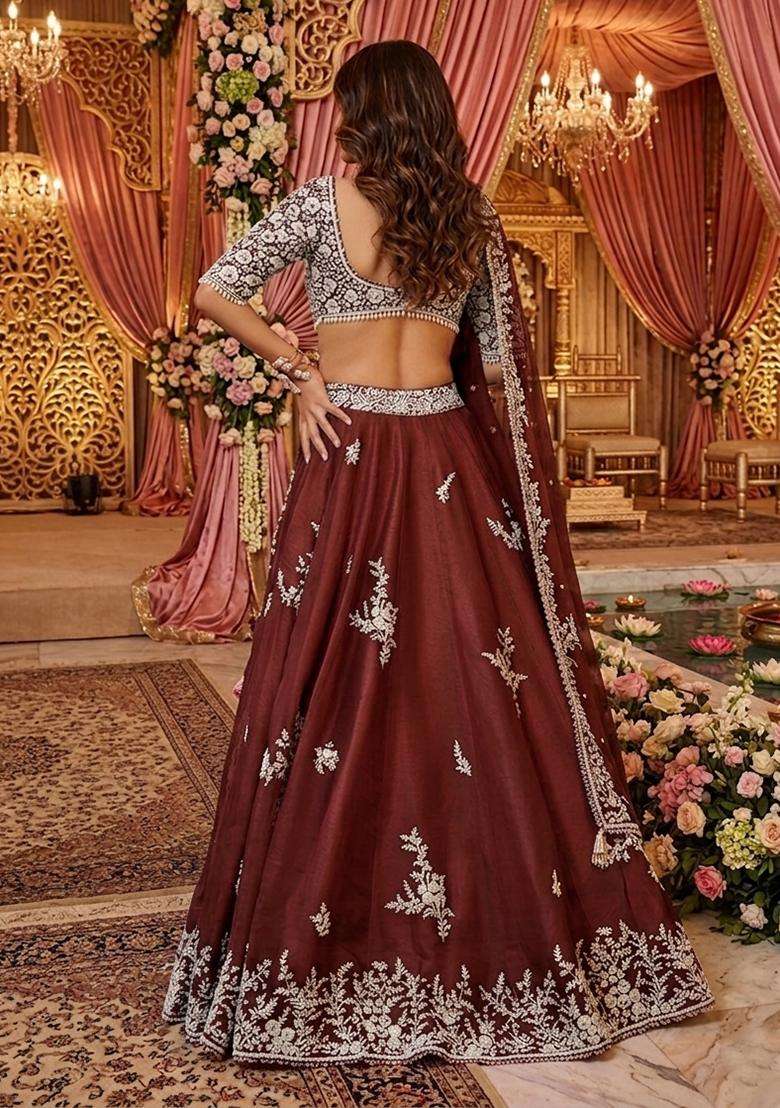 Brown Embroidered Bridal Lehenga Set - Indya