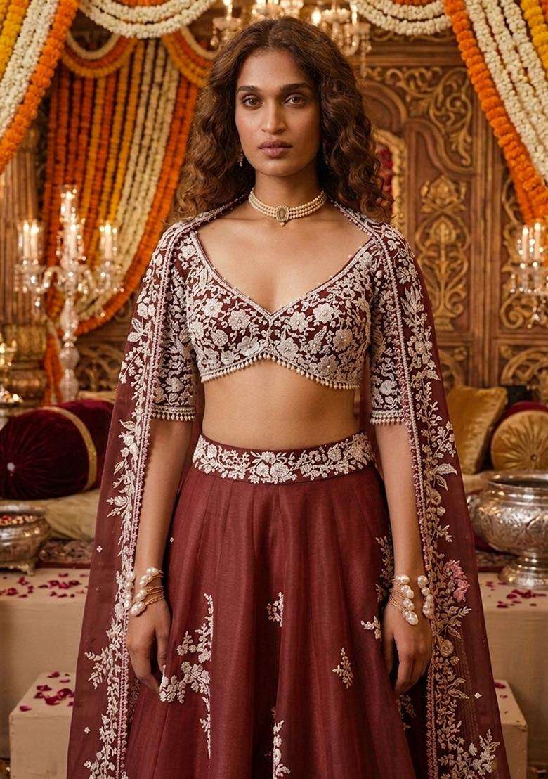Brown Embroidered Bridal Lehenga Set - Indya