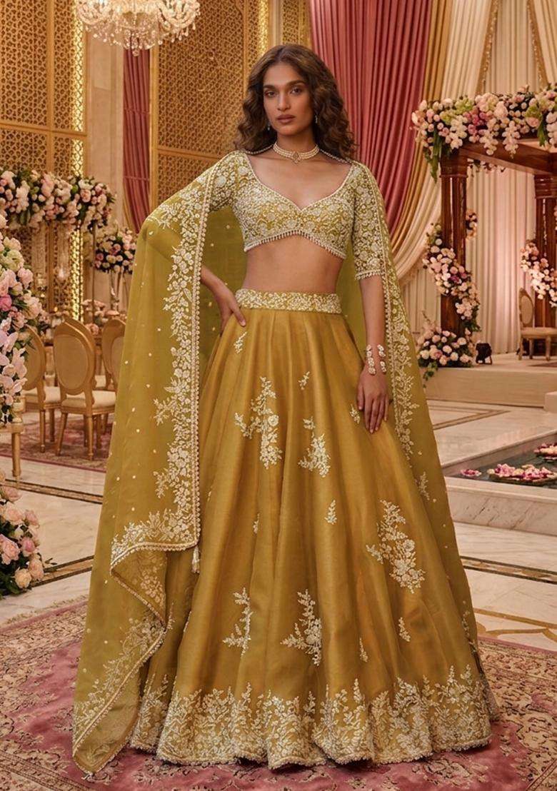 Mustard Yellow  Embroidered Bridal Lehenga Set - Indya