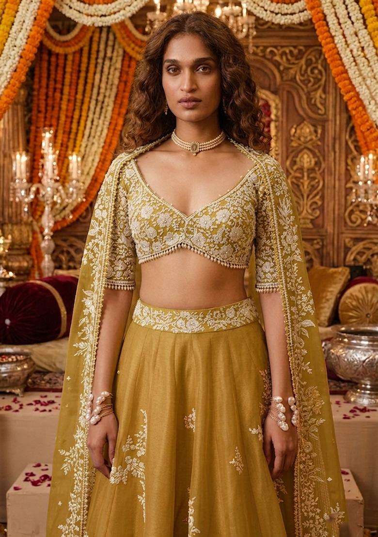 Mustard Yellow  Embroidered Bridal Lehenga Set - Indya