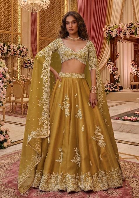 Mustard Yellow Embroidered Bridal Lehenga Set — view on Indya