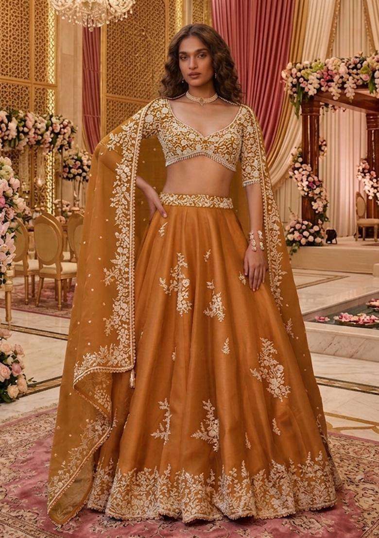 Mustard Yellow  Embroidered Bridal Lehenga Set - Indya