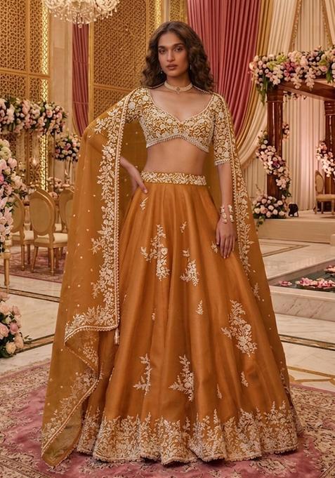 Mustard Yellow Embroidered Bridal Lehenga Set — view on Indya