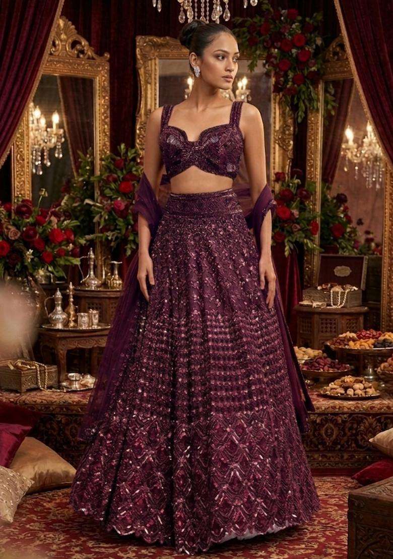 Deep Purple Sequin Bridal Lehenga Set - Indya