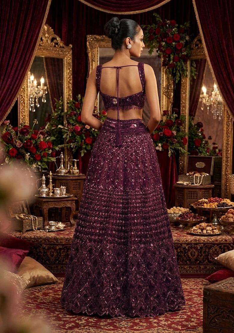 Deep Purple Sequin Bridal Lehenga Set - Indya
