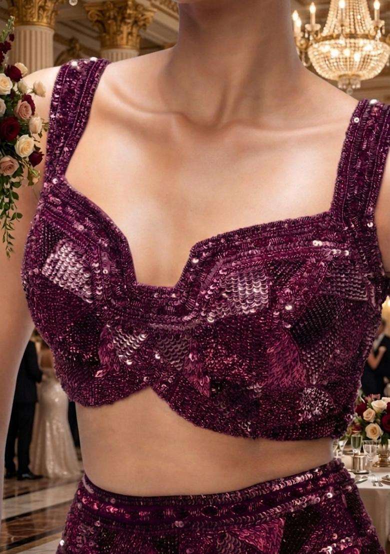 Deep Purple Sequin Bridal Lehenga Set - Indya