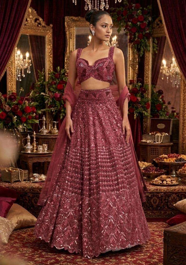 Red Sequin Bridal Lehenga Set - Indya