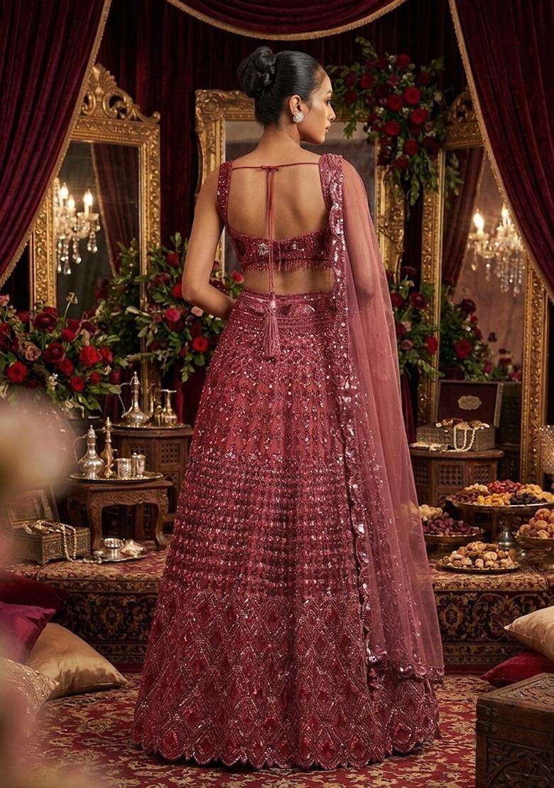 Red Sequin Bridal Lehenga Set - Indya