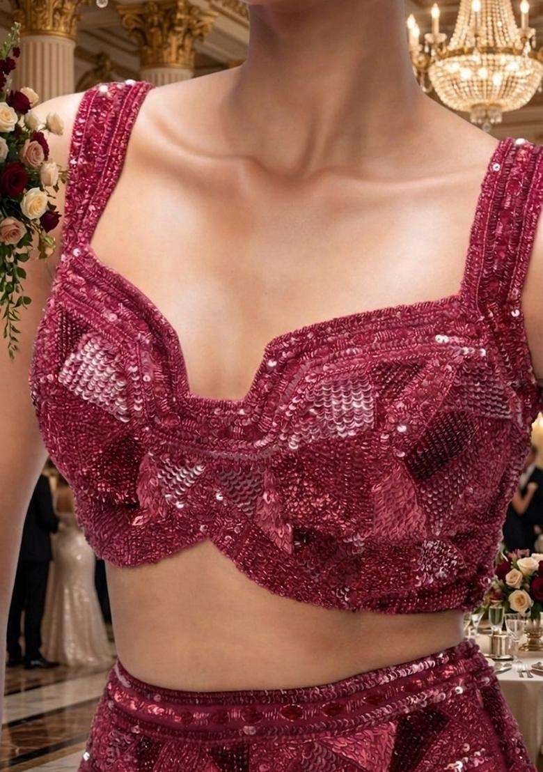 Red Sequin Bridal Lehenga Set - Indya