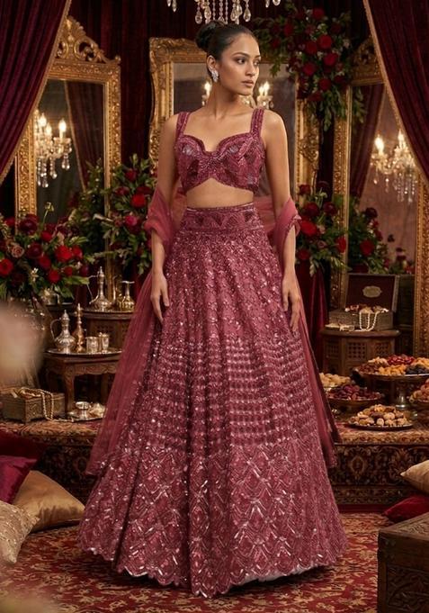 Red Sequin Bridal Lehenga Set — view on Indya