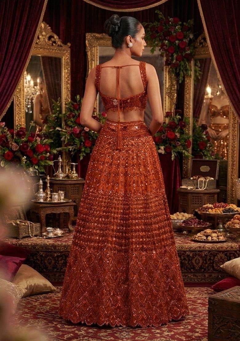 Burnt  Orange Sequin Bridal Lehenga Set - Indya