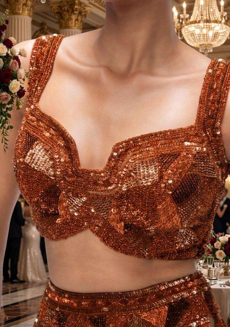 Burnt  Orange Sequin Bridal Lehenga Set - Indya