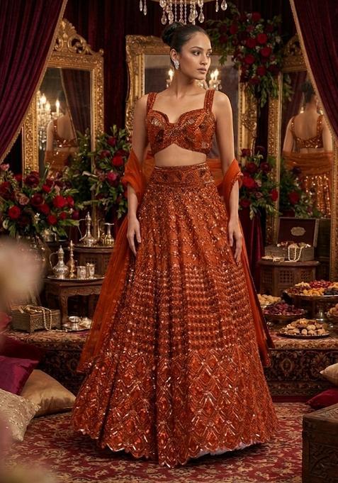 Burnt Orange Sequin Bridal Lehenga Set — view on Indya
