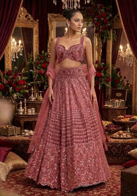 Rose Pink Sequin Bridal Lehenga Set — view on Indya