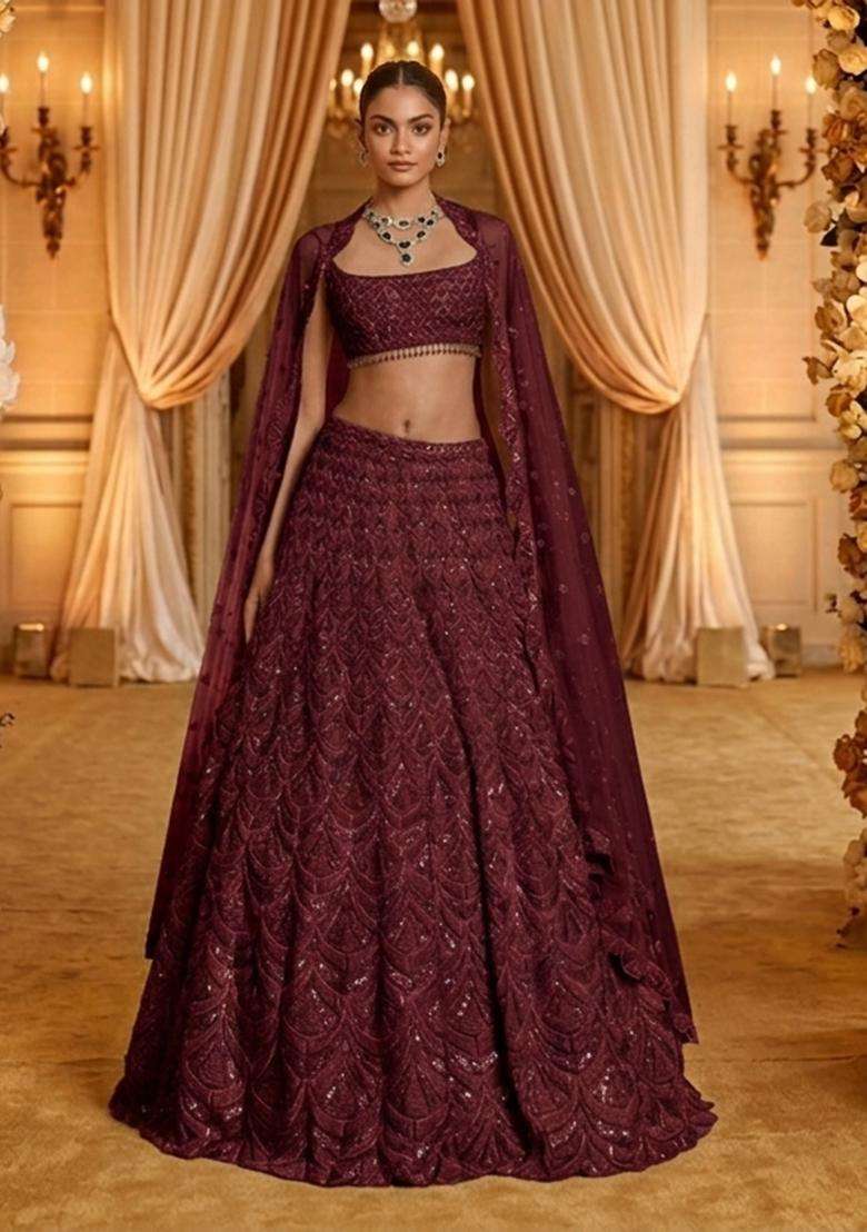 Deep Maroon Embellished Bridal Lehenga Set - Indya