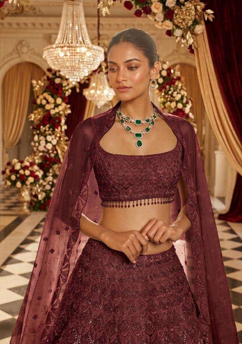 Deep Maroon Embellished Bridal Lehenga Set - Indya