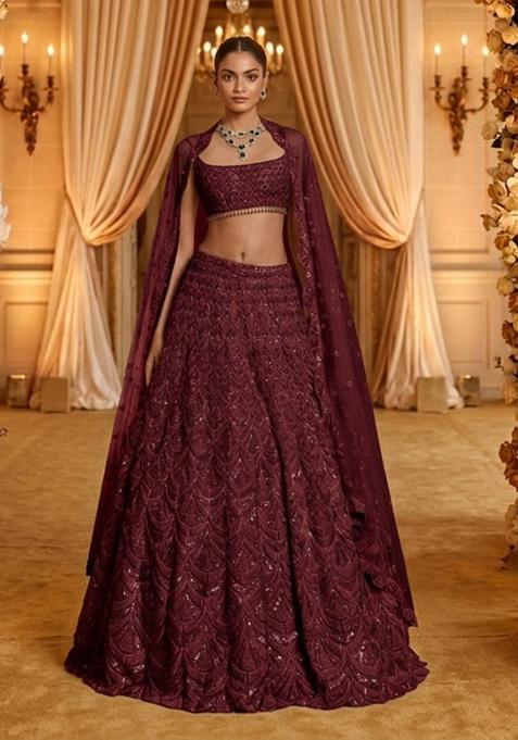 Deep Maroon Embellished Bridal Lehenga Set — view on Indya