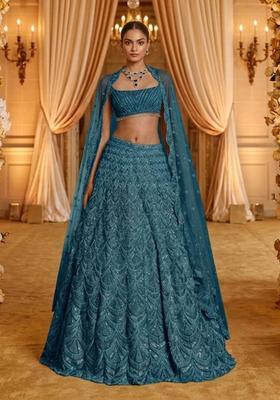 Teal Blue Embellished Bridal Lehenga Set