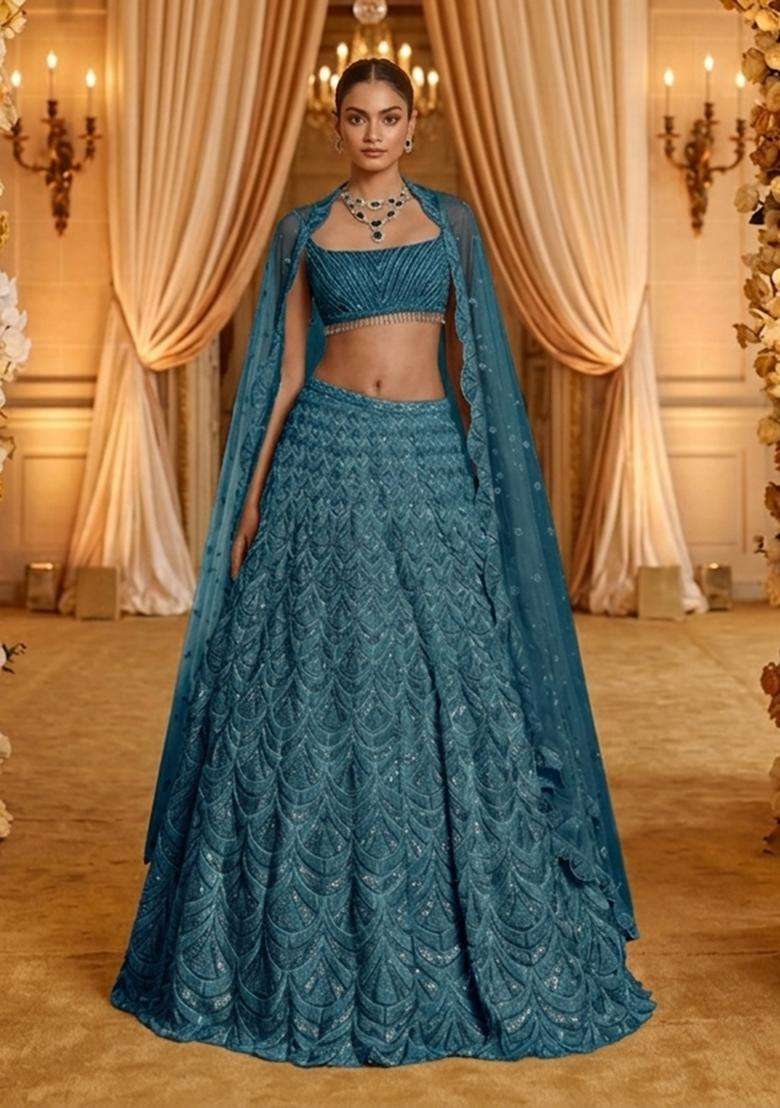 Teal Blue Embellished Bridal Lehenga Set - Indya