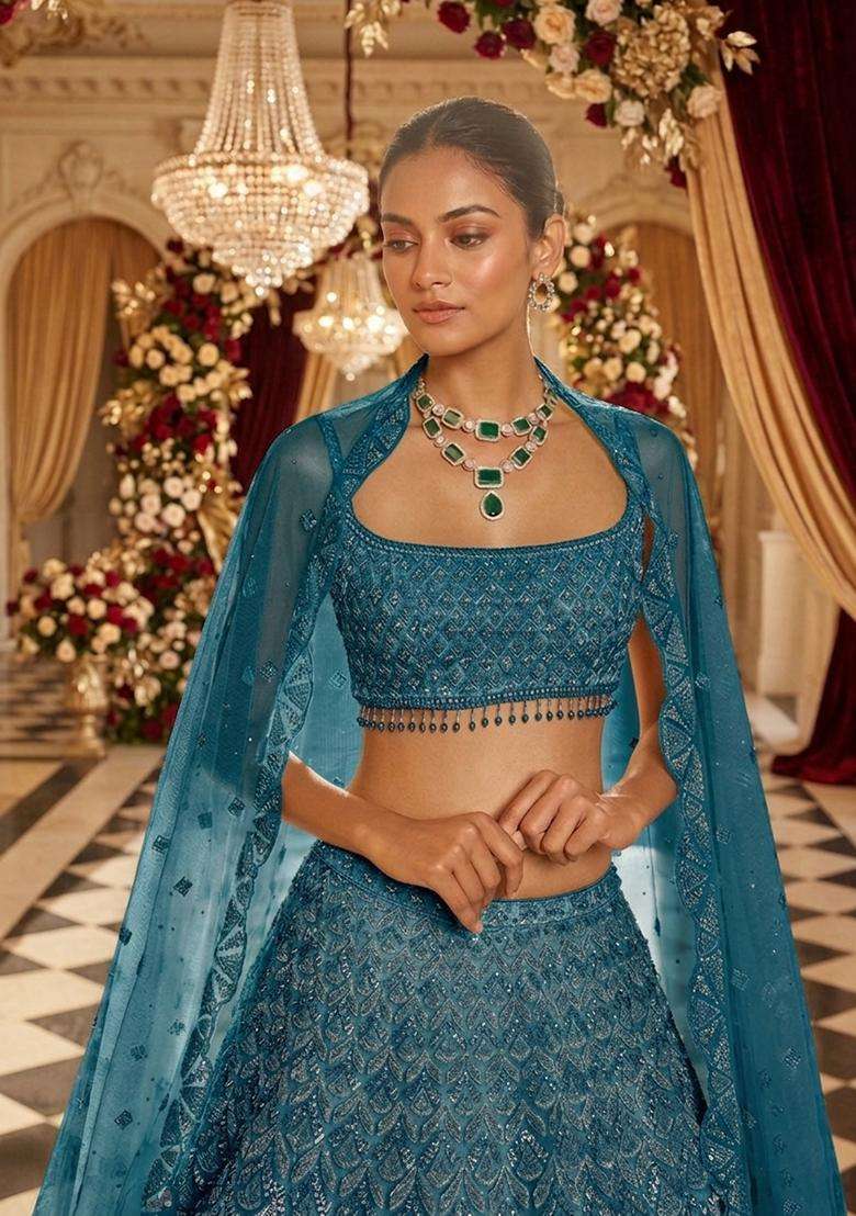 Teal Blue Embellished Bridal Lehenga Set - Indya