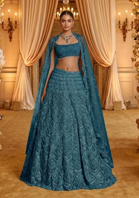 Teal Blue Embellished Bridal Lehenga Set — view on Indya