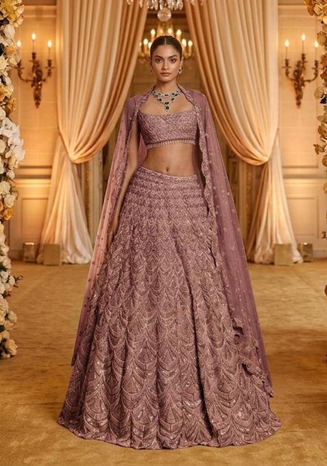 Dusty Rose Embellished Bridal Lehenga Set — view on Indya
