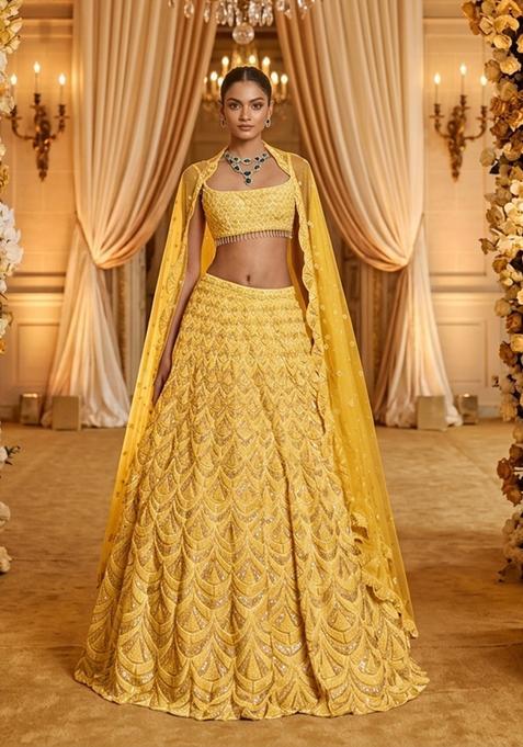 Yellow Embellished Bridal Lehenga Set — view on Indya
