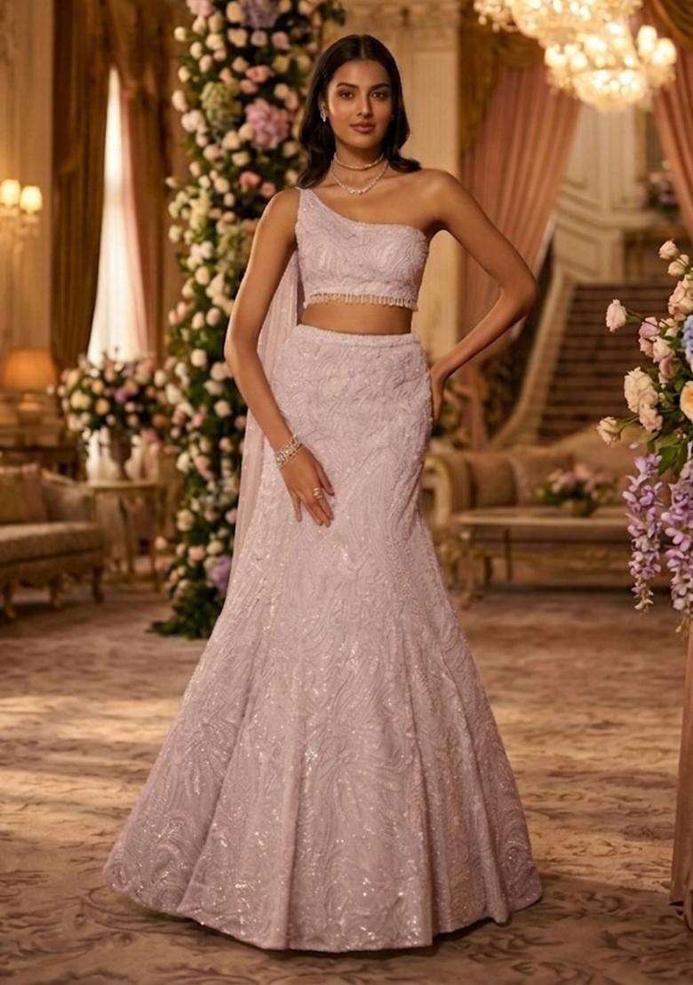 Lavender Pink Embroidered Bridal Lehenga Set - Indya
