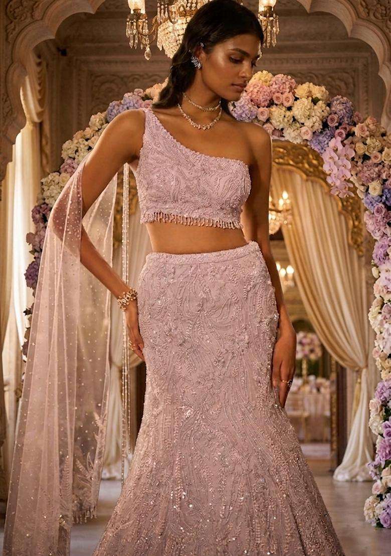 Lavender Pink Embroidered Bridal Lehenga Set - Indya