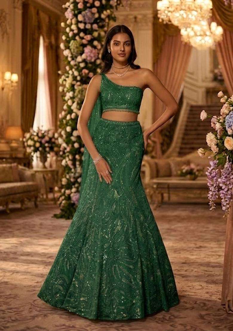 Deep Green Embroidered Bridal Lehenga Set - Indya