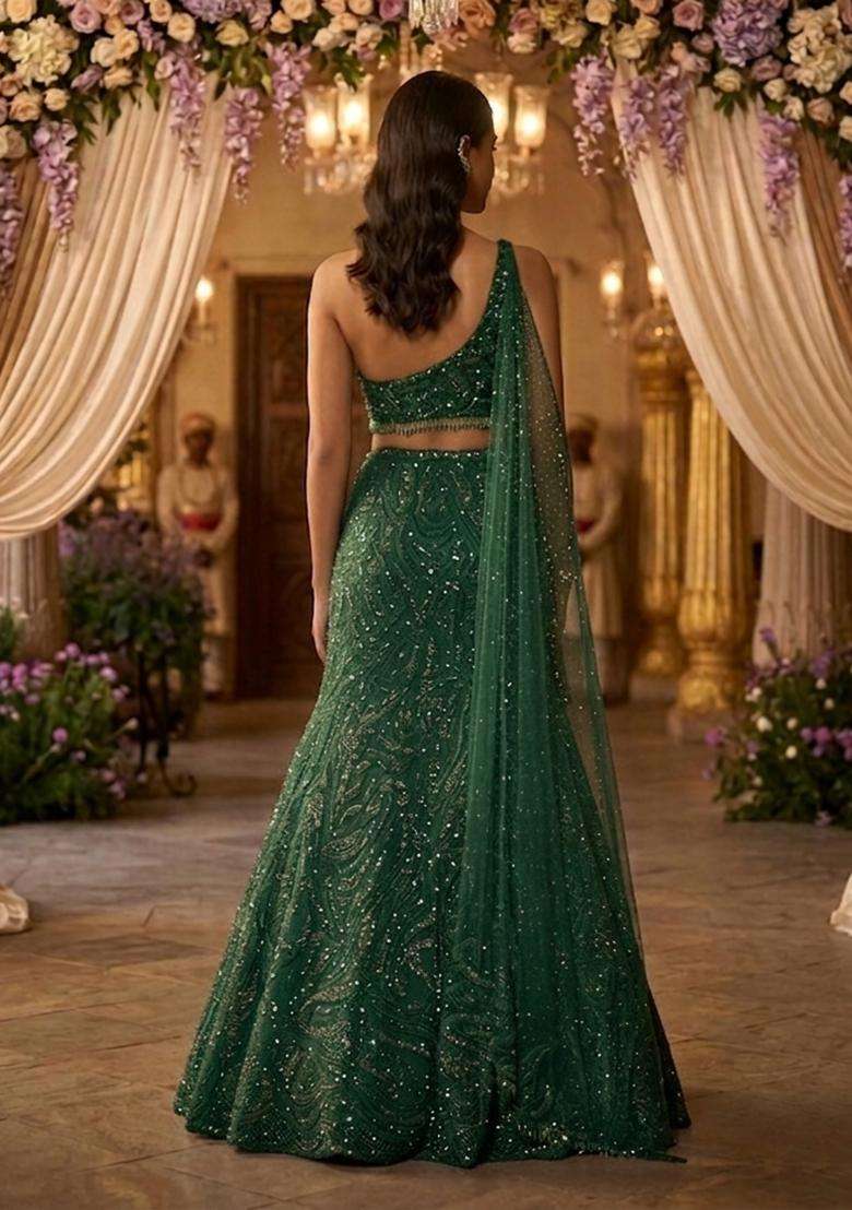 Deep Green Embroidered Bridal Lehenga Set - Indya