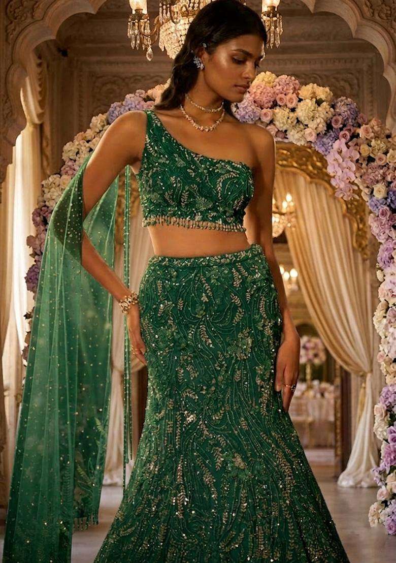 Deep Green Embroidered Bridal Lehenga Set - Indya