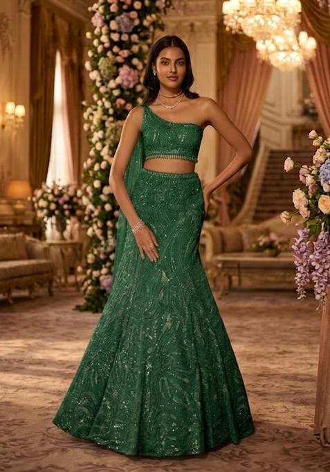 Deep Green Embroidered Bridal Lehenga Set — view on Indya