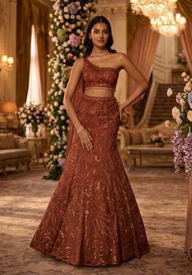 Brown Embroidered Bridal Lehenga Set