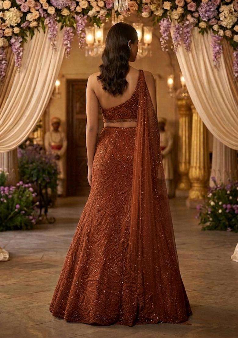 Brown Embroidered Bridal Lehenga Set - Indya