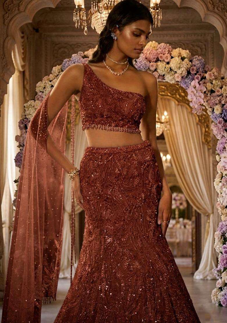 Brown Embroidered Bridal Lehenga Set - Indya
