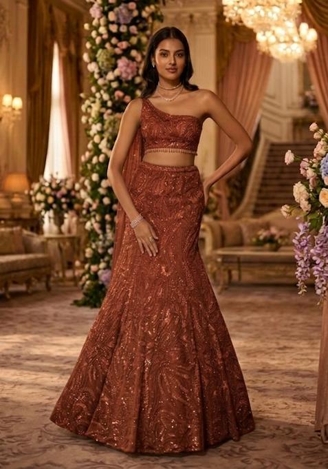 Brown Embroidered Bridal Lehenga Set — view on Indya